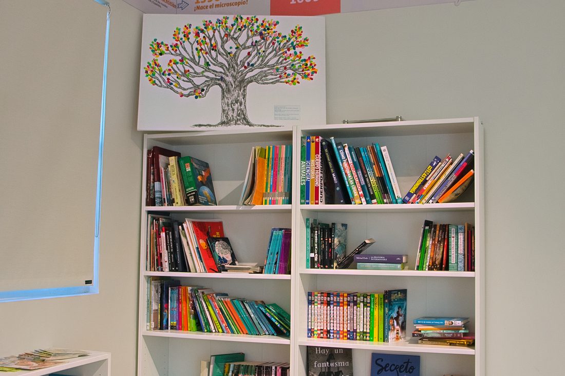 Colegio Encinos library with shelves full of books and a mural of the tree of knowledge